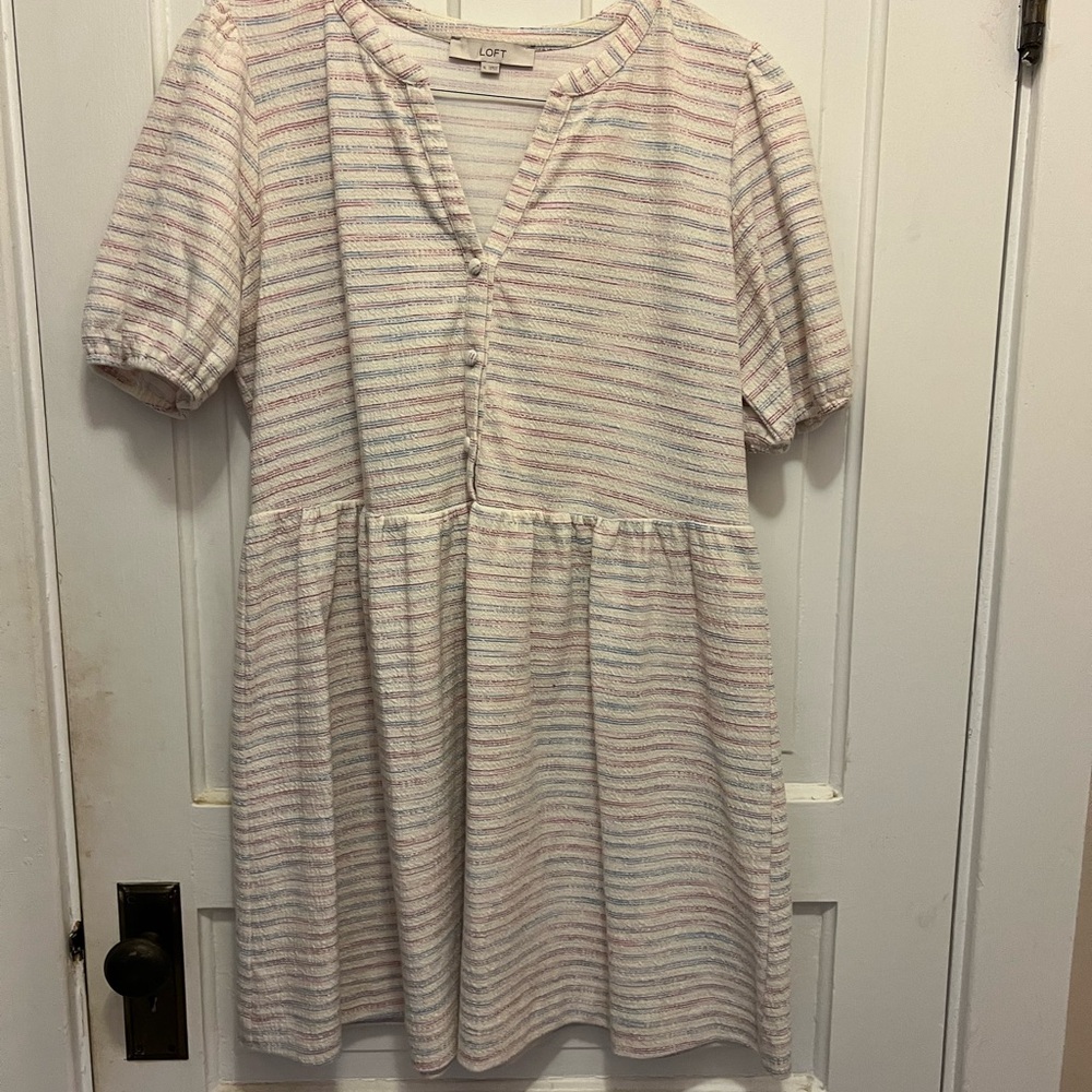 LOFT White and Pink Smocked Sundress with Puff Sleeves
